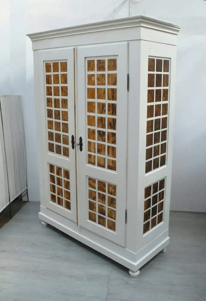 Dielenschrank Keilschrank Kleiderschrank 2 Türen Gründerzeit in Antik Weiß + Naturholz 3