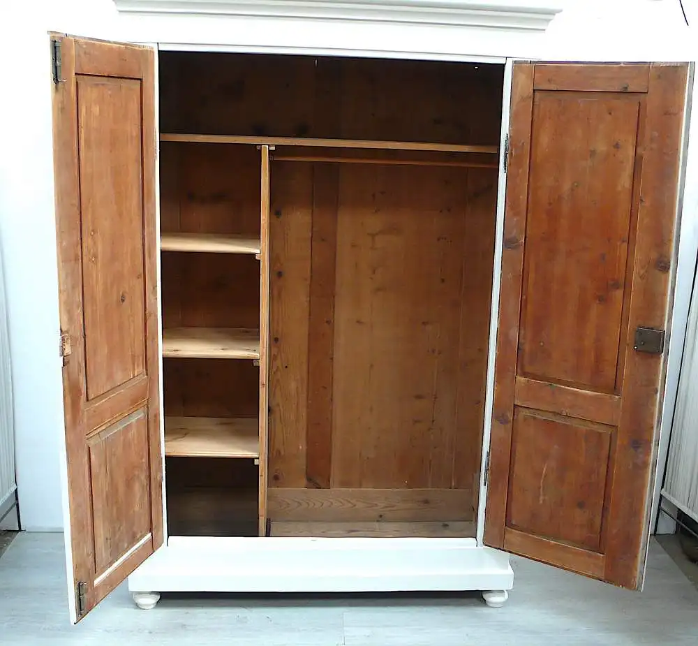 Dielenschrank Keilschrank Kleiderschrank 2 Türen Gründerzeit in Antik Weiß + Naturholz 4