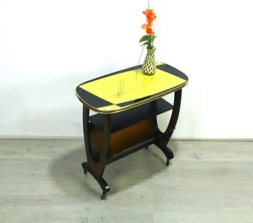 50er Zeitungsständer Lesetisch Beistelltisch Schwarz-Braun + Gelbe Glasplatte, Mid-Century Rockabilly