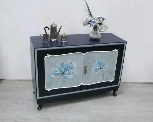 Sideboard Chippendale 2-türig , Vintage, Dunkelblau + Blüten UNIKAT handbemalt