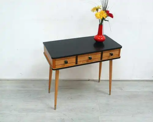 50er Flurschränkchen, Konsolentisch mit 3 Schubladen Buche + Schwarz, Vintage Retro Mid Century