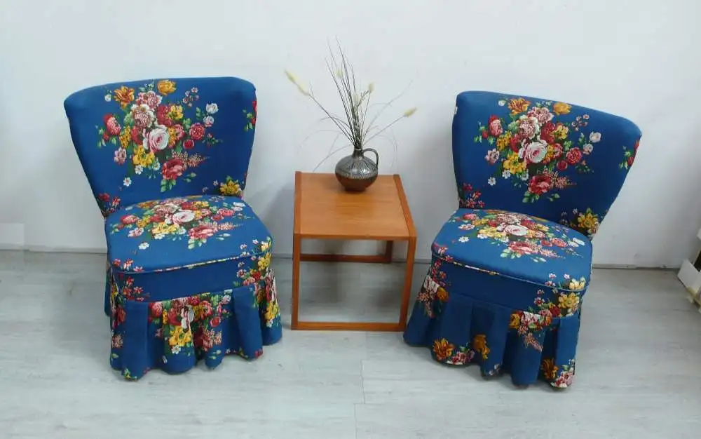 50er Cocktailsessel 2er Set Blau-blumiger Stoff Vintage Rockabilly Ära 0