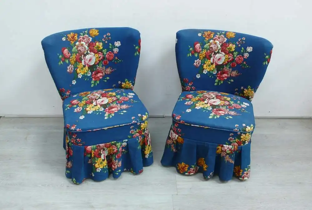 50er Cocktailsessel 2er Set Blau-blumiger Stoff Vintage Rockabilly Ära 1