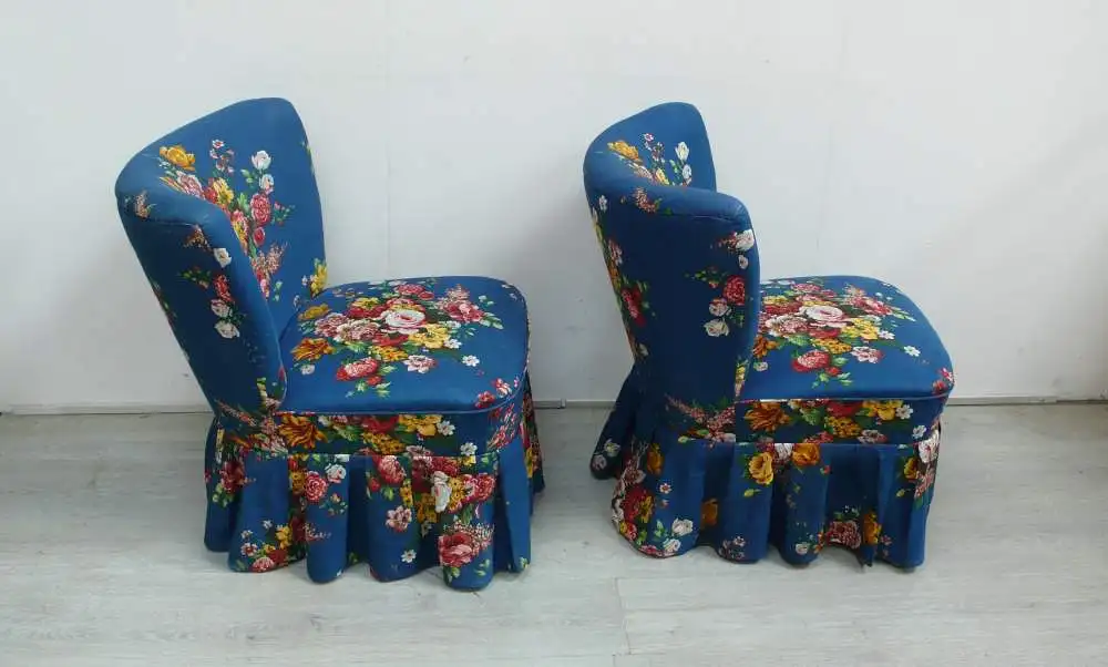 50er Cocktailsessel 2er Set Blau-blumiger Stoff Vintage Rockabilly Ära 2