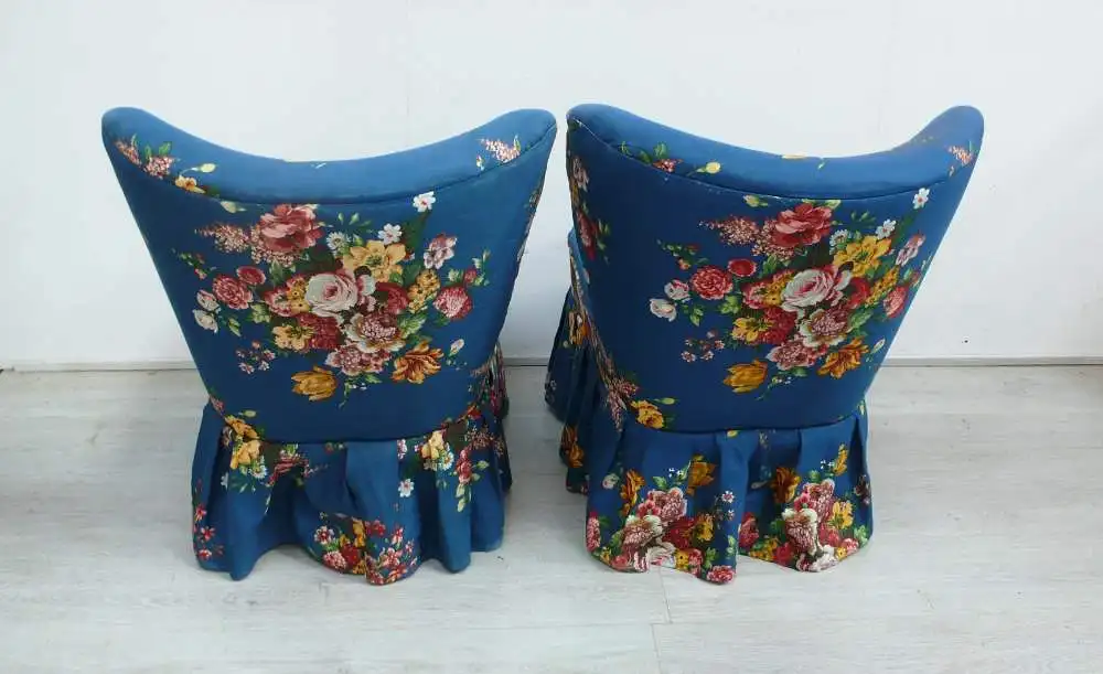 50er Cocktailsessel 2er Set Blau-blumiger Stoff Vintage Rockabilly Ära 3