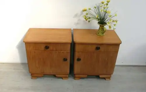 2 Nachttische Eiche Natur, 1 Schublade 1 Türe, 1940er 50er, Spät Art Deco