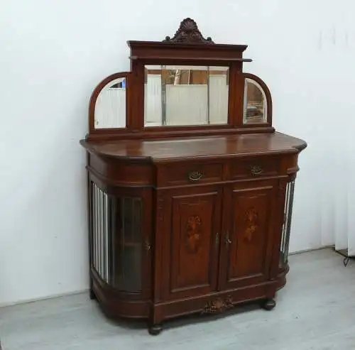 Antike Anrichte Sideboard + Spiegel-Aufsatz Eiche massiv 4-türig Bleiverglasung Gründerzeit um 1890