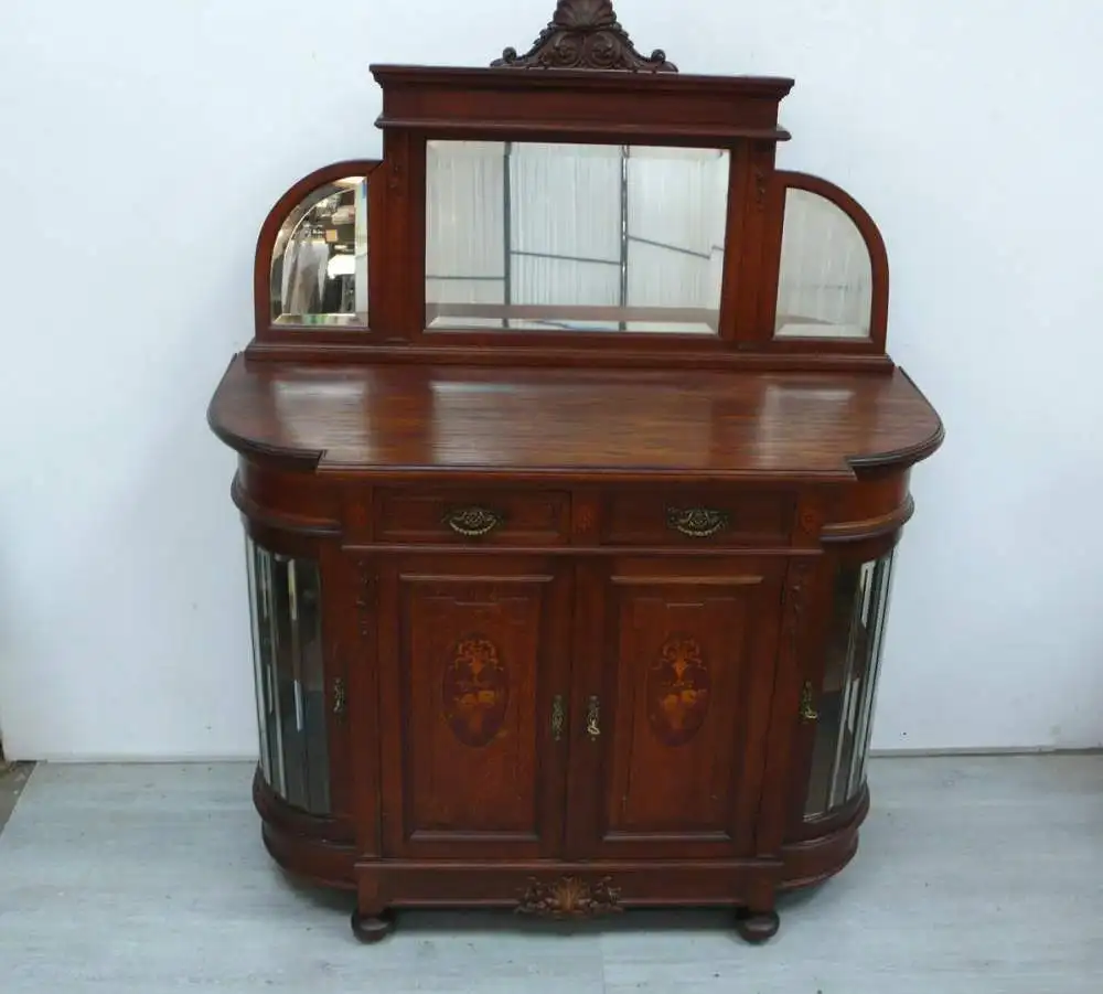 Antike Anrichte Sideboard + Spiegel-Aufsatz Eiche massiv 4-türig Bleiverglasung Gründerzeit um 1890 1