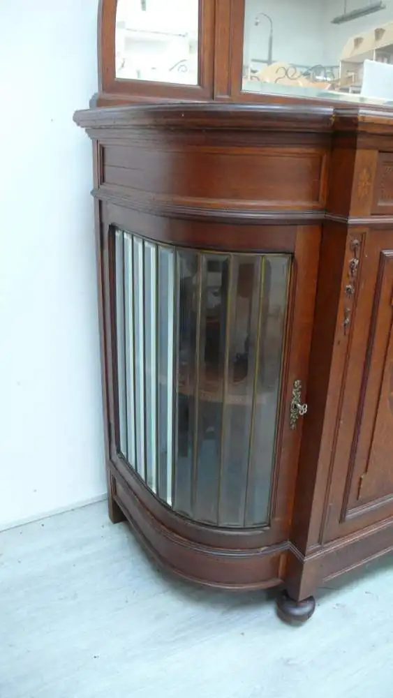 Antike Anrichte Sideboard + Spiegel-Aufsatz Eiche massiv 4-türig Bleiverglasung Gründerzeit um 1890 2