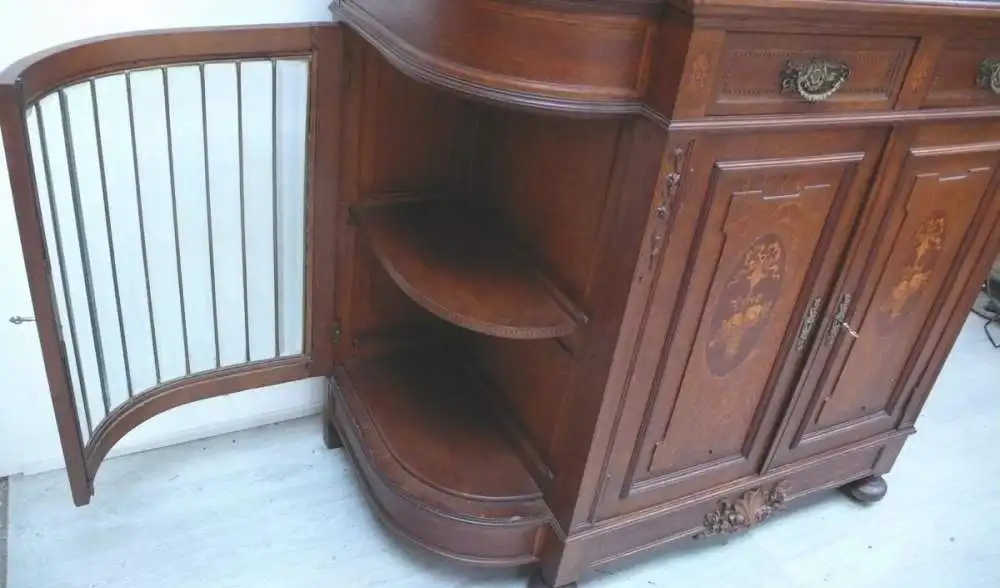 Antike Anrichte Sideboard + Spiegel-Aufsatz Eiche massiv 4-türig Bleiverglasung Gründerzeit um 1890 3