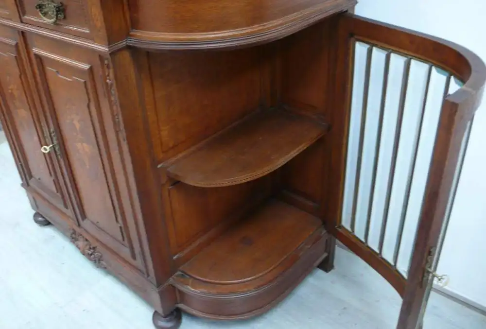 Antike Anrichte Sideboard + Spiegel-Aufsatz Eiche massiv 4-türig Bleiverglasung Gründerzeit um 1890 5