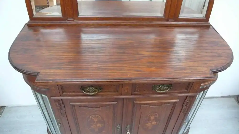 Antike Anrichte Sideboard + Spiegel-Aufsatz Eiche massiv 4-türig Bleiverglasung Gründerzeit um 1890 7