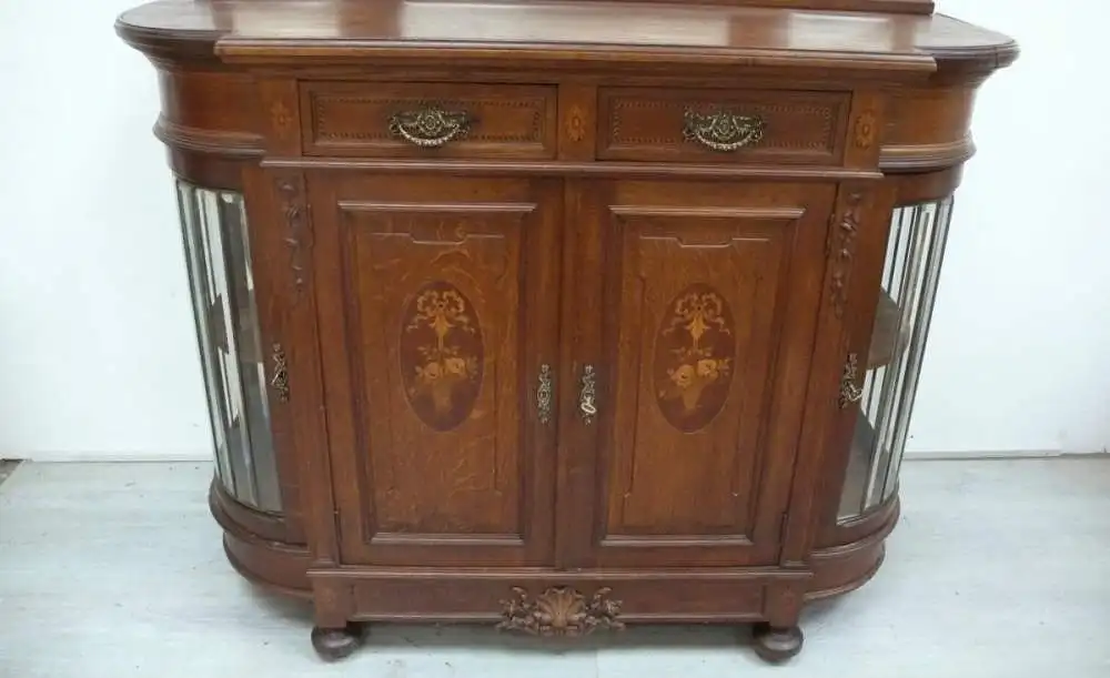 Antike Anrichte Sideboard + Spiegel-Aufsatz Eiche massiv 4-türig Bleiverglasung Gründerzeit um 1890 8