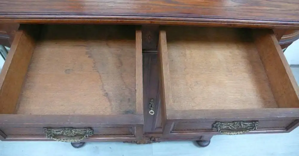 Antike Anrichte Sideboard + Spiegel-Aufsatz Eiche massiv 4-türig Bleiverglasung Gründerzeit um 1890 9