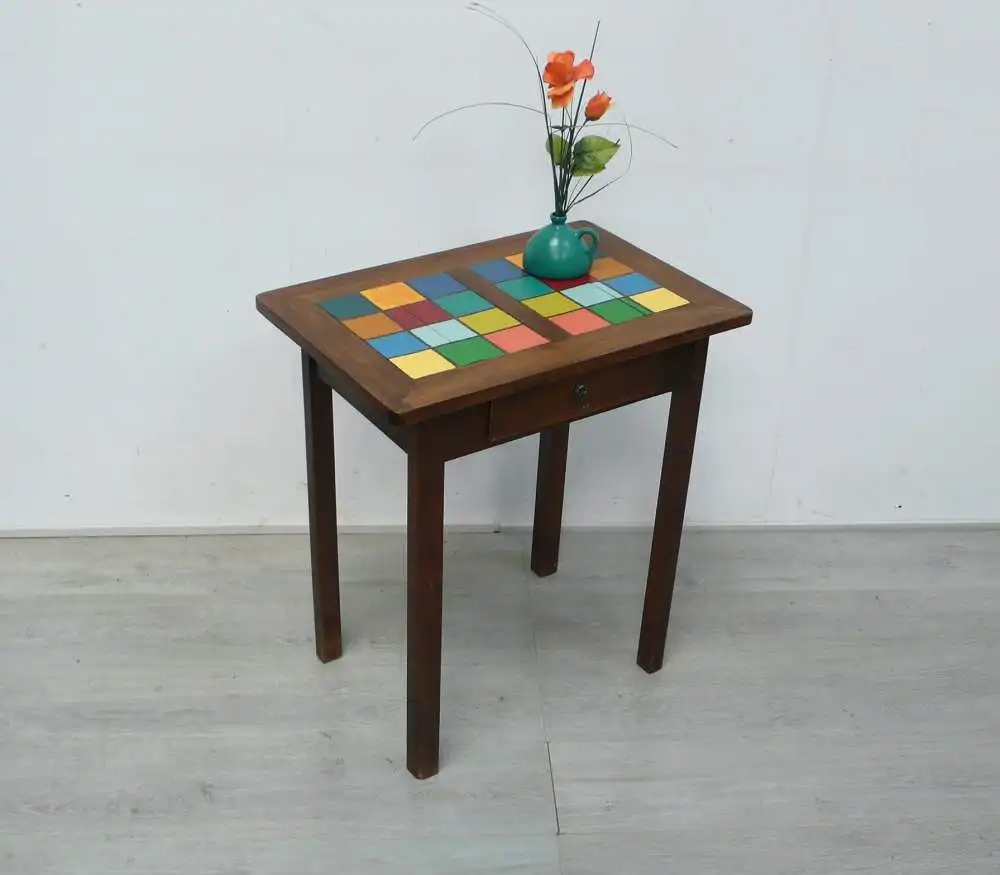 Antiker Holz Beistelltisch mit Schublade Nußbaum dkl + Shabby Bunte Quadrate, handbemalt, um 1900 0