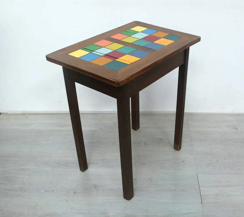 Antiker Holz Beistelltisch mit Schublade Nußbaum dkl + Shabby Bunte Quadrate, handbemalt, um 1900 4