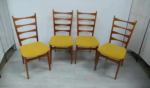 4 Stühle 60er Schmetterling Sprossenlehne, Buche + Senfgelbe Polster Mid Century Modern