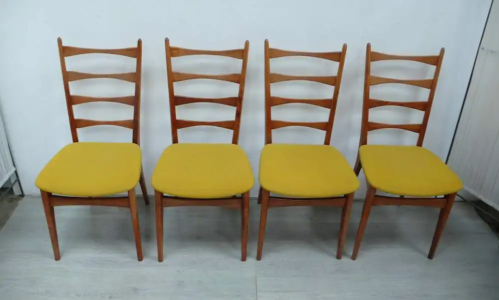 4 Stühle 60er Schmetterling Sprossenlehne, Buche + Senfgelbe Polster Mid Century Modern 1