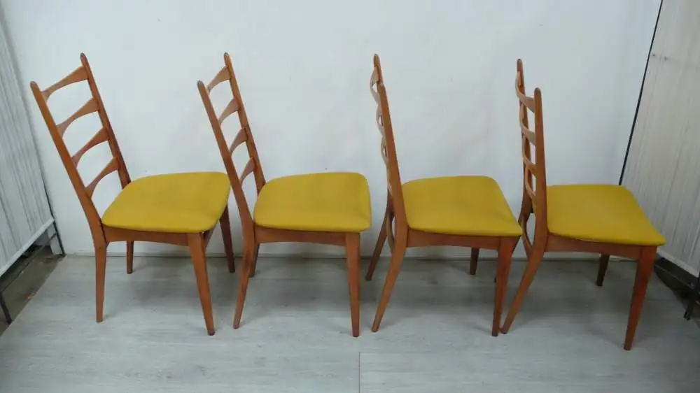 4 Stühle 60er Schmetterling Sprossenlehne, Buche + Senfgelbe Polster Mid Century Modern 2