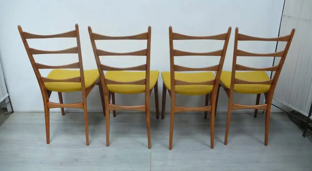 4 Stühle 60er Schmetterling Sprossenlehne, Buche + Senfgelbe Polster Mid Century Modern 3