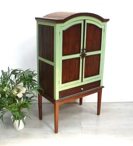 Bambus Schrank Highboard 2-türig 1 Schublade mit Grün Akzenten, Tiki Stil 60er 70er