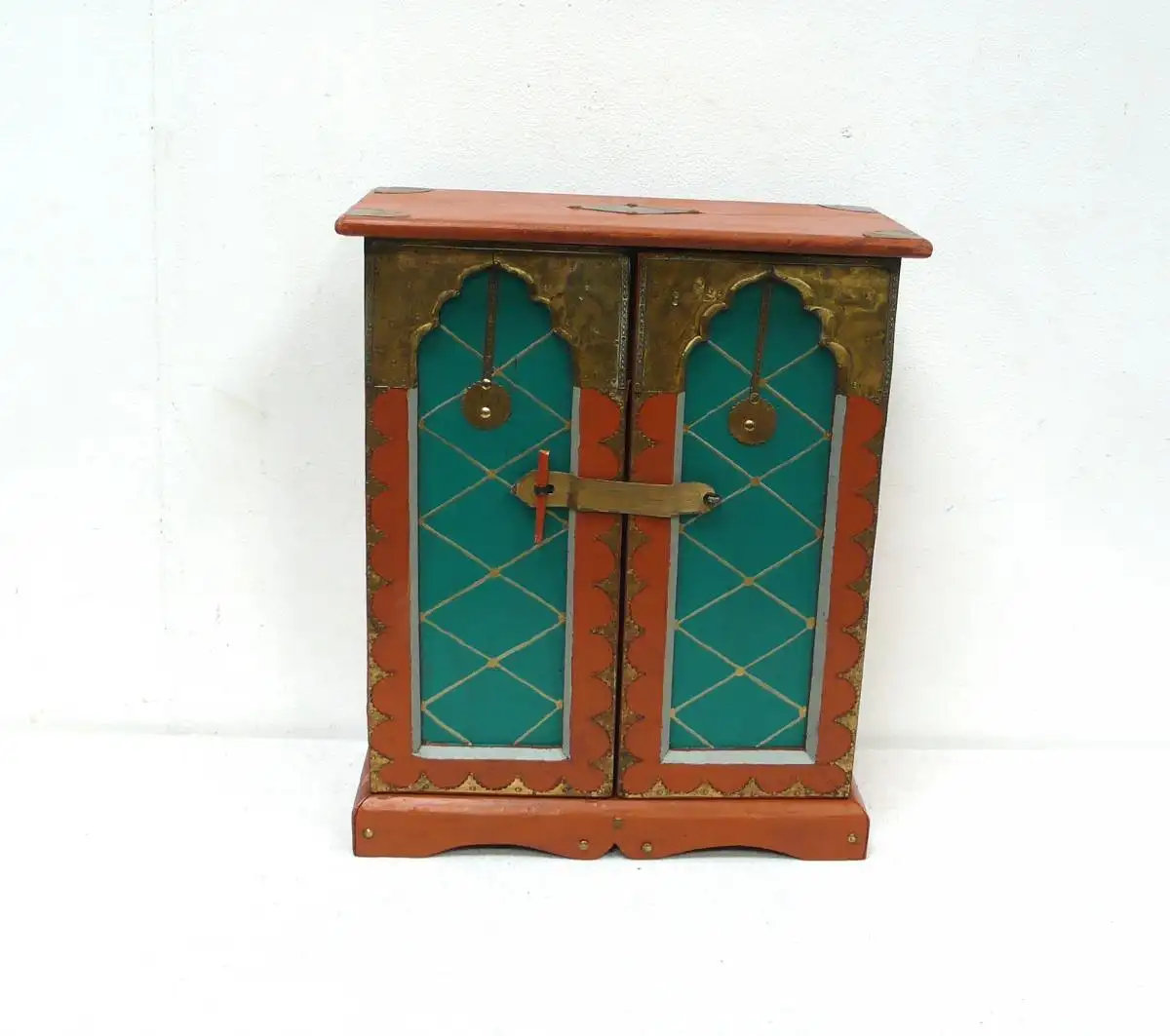 Schmuckschrank / Gewürz Hängeschrank Wertsachen Schränkchen 2trg orientalisch Braun-Türkis  + Messing 1