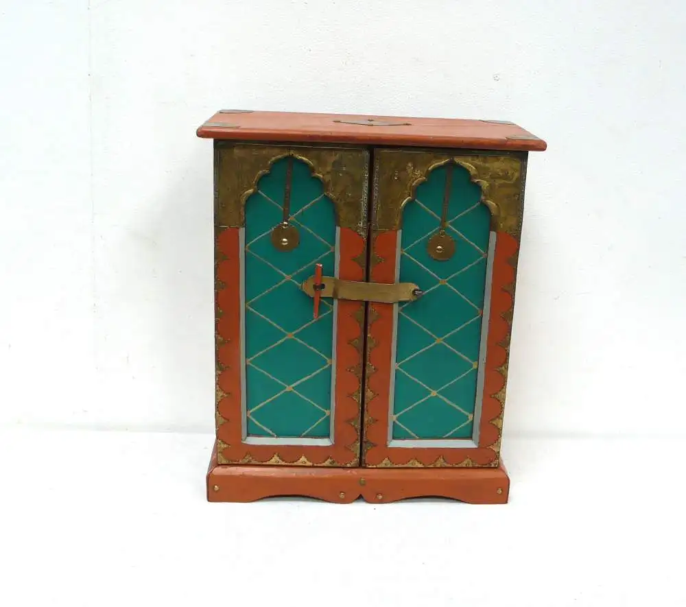 Schmuckschrank / Gewürz Hängeschrank Wertsachen Schränkchen 2trg orientalisch Braun-Türkis  + Messing 1