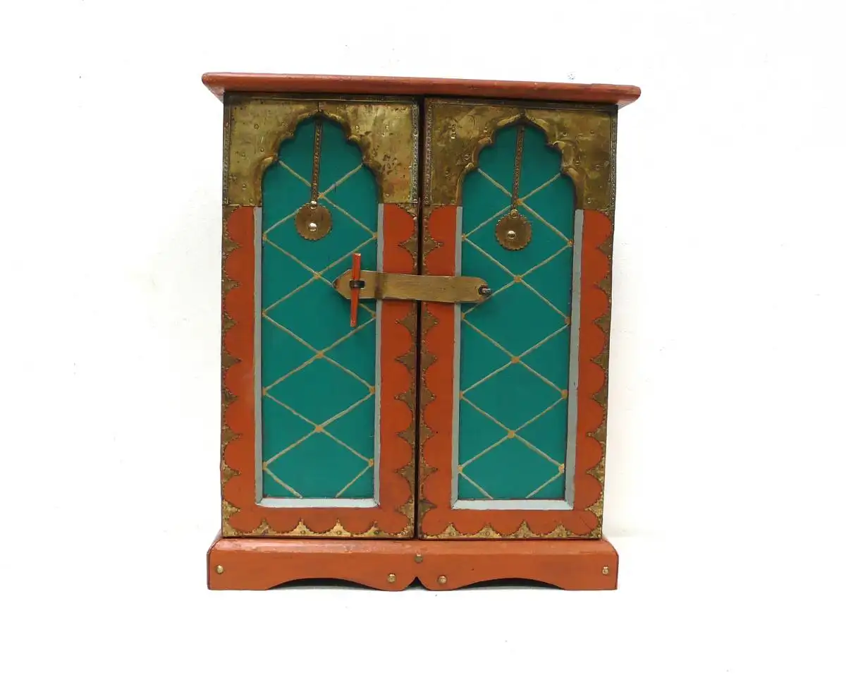 Schmuckschrank / Gewürz Hängeschrank Wertsachen Schränkchen 2trg orientalisch Braun-Türkis  + Messing 2