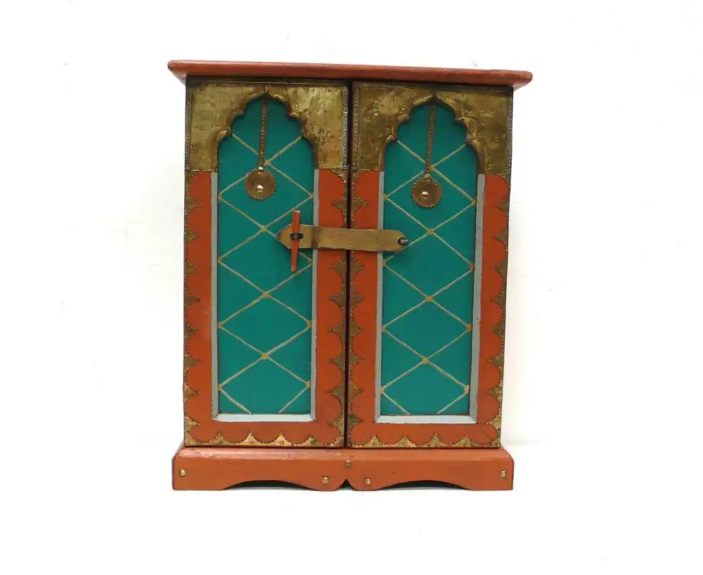 Schmuckschrank / Gewürz Hängeschrank Wertsachen Schränkchen 2trg orientalisch Braun-Türkis  + Messing 2