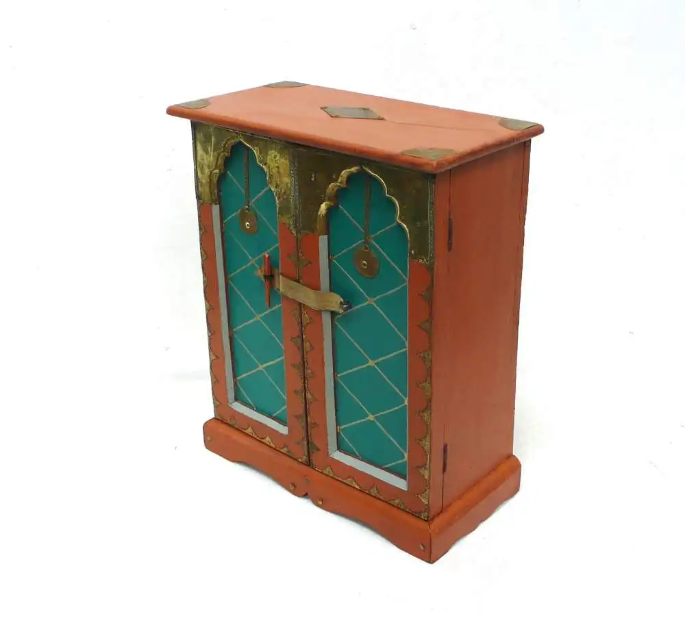 Schmuckschrank / Gewürz Hängeschrank Wertsachen Schränkchen 2trg orientalisch Braun-Türkis  + Messing 3