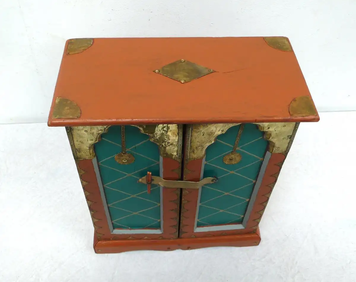Schmuckschrank / Gewürz Hängeschrank Wertsachen Schränkchen 2trg orientalisch Braun-Türkis  + Messing 4