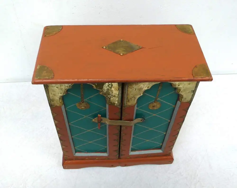 Schmuckschrank / Gewürz Hängeschrank Wertsachen Schränkchen 2trg orientalisch Braun-Türkis  + Messing 4