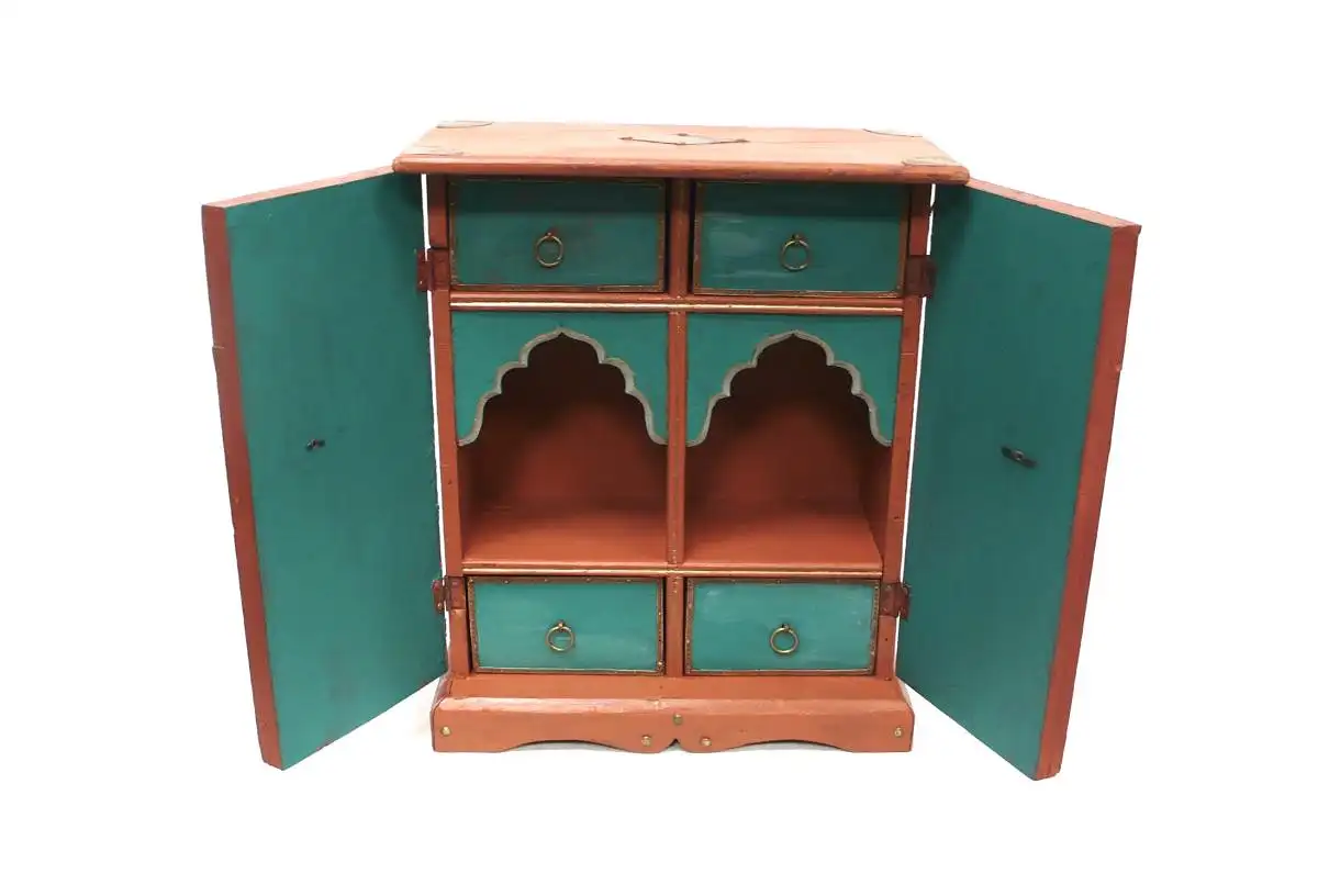 Schmuckschrank / Gewürz Hängeschrank Wertsachen Schränkchen 2trg orientalisch Braun-Türkis  + Messing 5