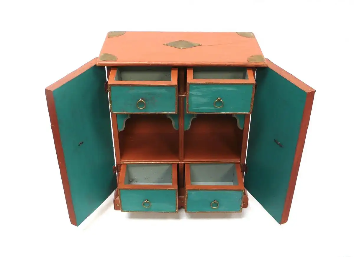 Schmuckschrank / Gewürz Hängeschrank Wertsachen Schränkchen 2trg orientalisch Braun-Türkis  + Messing 6