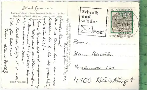 Blick von der Umkehr auf Cochem, Hotel Germania  Verlag: Robert Cornely, Bad Wörishofen, Postkarte Mit Frankatur, mit St