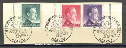 1943, 54. Geburtstag A.H.Generalgouvernement, MiNr.101-103 mit Sonderst. Krakau, auf Briefstück