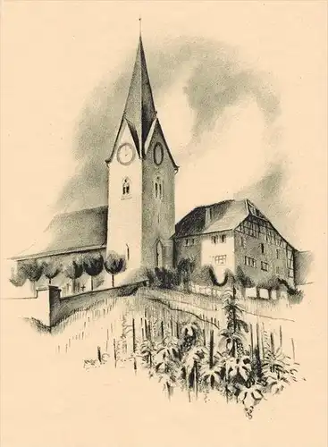 Kirche und Pfarrhaus in Höngg Original-Lithographie von Otto Baumberger Blattgröße 30,5 cm x 22,4 cm, Nummer V Zustand: