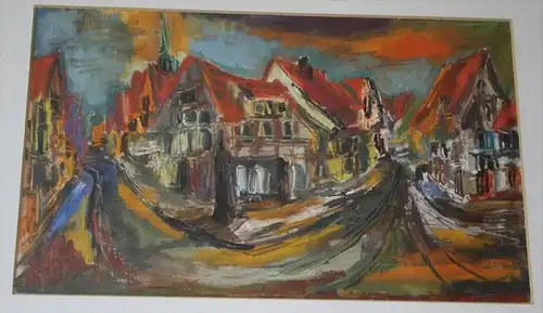 Anonymer Maler, um 1980 Stadtansicht, Öl/Papier-gerahmt,58 x 43 cm, Bild: 40 x 25 cm, verglast,etwas wellig,Zustand: gut