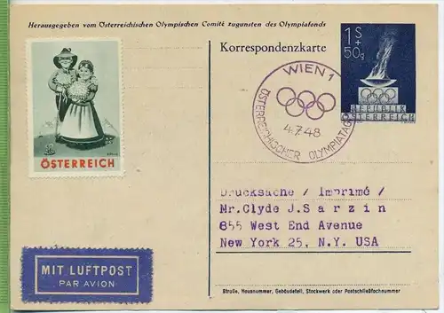 1948, Olympische Spiele London  Verlag: Korrespondenzkarte, MiNR. 854 mit Frankatur, mit Stempel , Wien  4.7.48