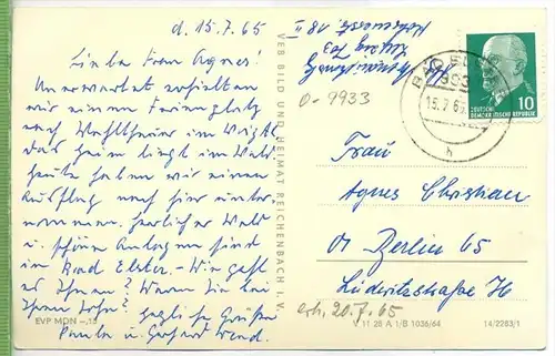 Staatsbad-Bad Elster, um 1960/1970 Verlag:, VEB Bild und Heimat Reichenbach, POSTKARTE mit Frankatur, mit Stempel,  BAD