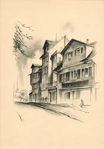 Häusergruppe am oberen Hirschgraben Original-Lithographie von Otto Baumberger, vor dem ehemaligen Lindentor