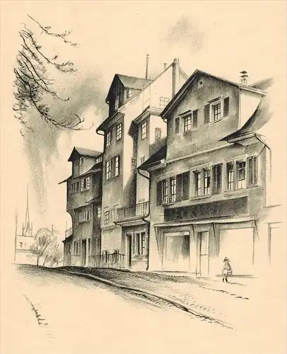 Häusergruppe am oberen Hirschgraben Original-Lithographie von Otto Baumberger, vor dem ehemaligen Lindentor