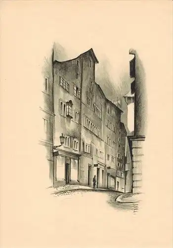 Das Haus zum "Rothen Gatter" Original-Lithographie von Otto Baumberger In Zürich, heute Münstergasse 23 Blattgröße 30,5