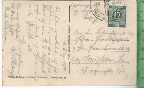Bad Elster, Teilaufnahme von Süden, Verlag: Reinhard Kallmer, Zwickau,  Postkarte mit Frankatur, mit Stempel  29.8.46
