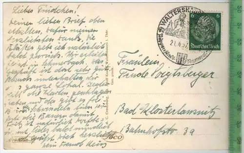 Waltershausen, Blick vom Ziegenberg 1937- Verlag: adolf knabe, Waltershausen,  POSTKARTE-mit Frankatur, mit  Stempel, WA