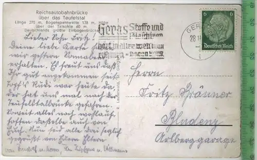Reichsautobahnbrücke über das Teufelstal - 1938-Verlag: R. Lauferwald, St. Gangloff,   POSTKARTEmit Frankatur, mit Stemp