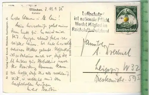 München, Karlstor 1935 -Verlag: Karl Krueck, München,  POSTKARTE mit Frankatur, mit Stempel