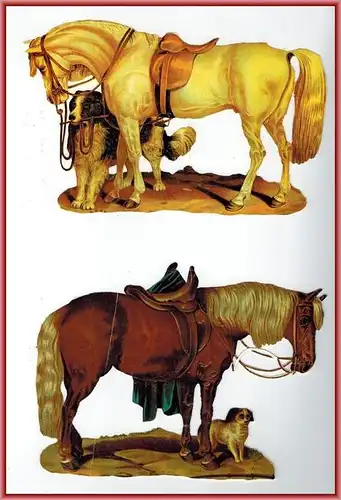 Oblaten, 2x Pferde und Hund, Maße: 16,5 x 10,5 cm, Zustand: sehr gut