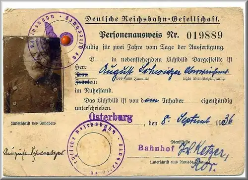 Personenausweis Nr. 019889 Deutsche Reichsbahn -Gesellschaft