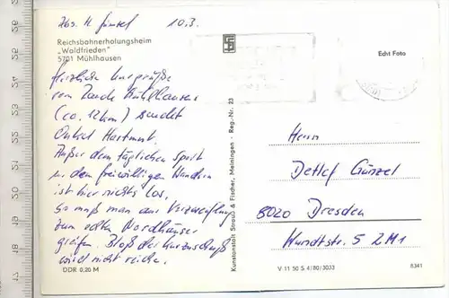 Mühlhausen,"Waldfrieden", um 1970/1980 Verlag: Kunstanstalt Straub & Fischer, Postkarte, mit Frankatur und Stempel,